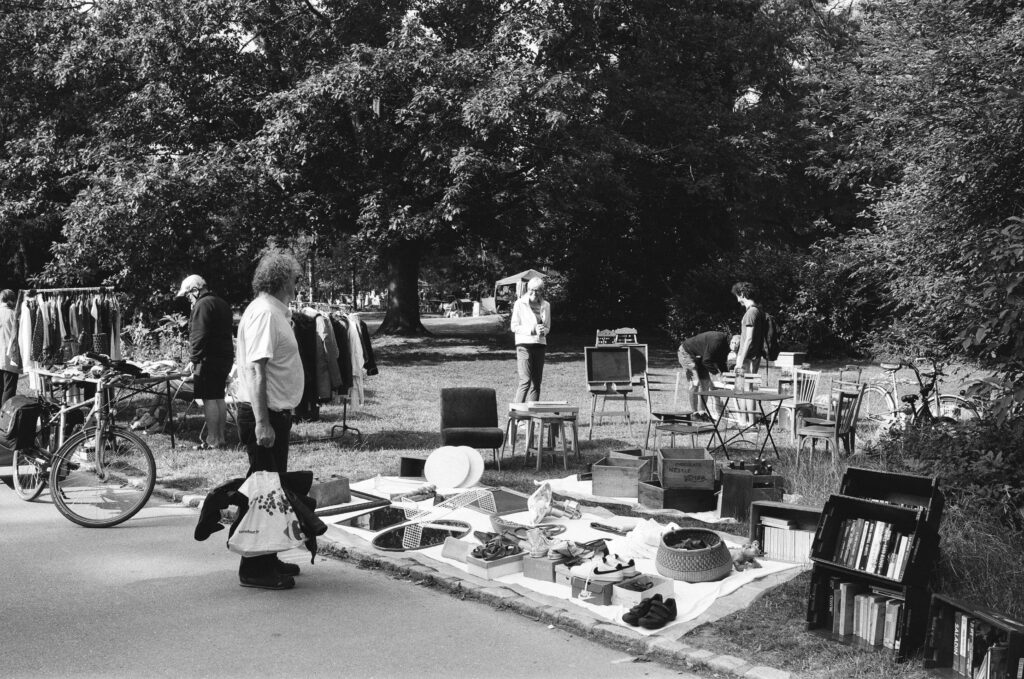 Outdoor flea market in Nancy, France featuring local vendors and vintage items in a park setting.
